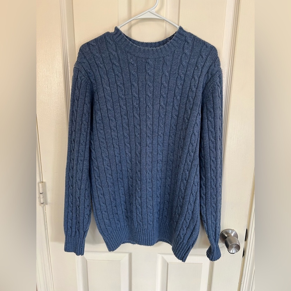 Vintage L.L. Bean Blue Cable Knit Crewneck Sweater Lambs Wool Blend